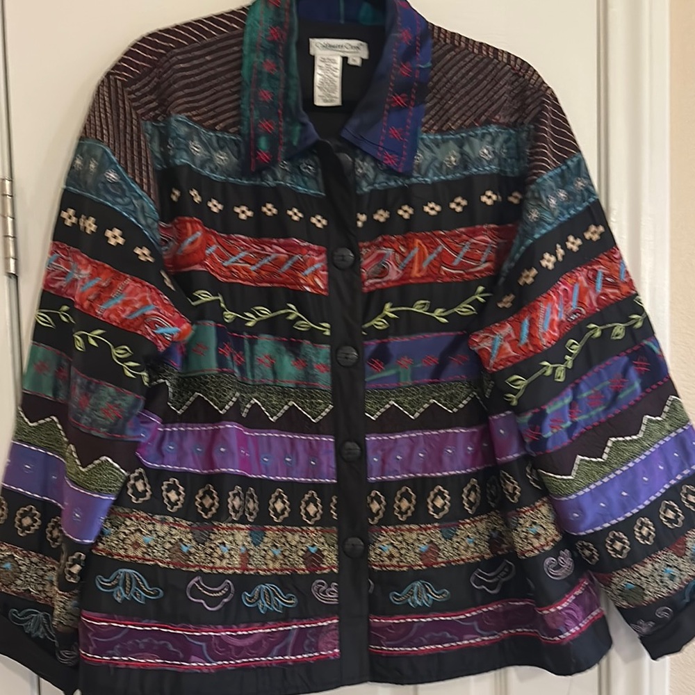 Coldwater Creek Black and Purple Blazer with Ethnic Patterns